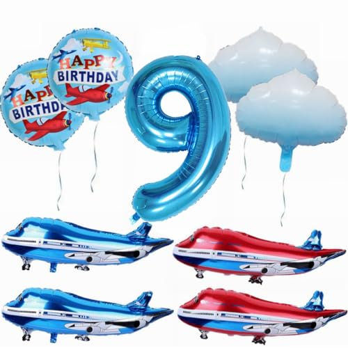 Yunchu Online 9. Flugzeug Geburtstag Dekoration - Großer Blauer Rot Ballon, Cloud Folienballons, Party Set für 9. Geburtstag Junge Mädchen