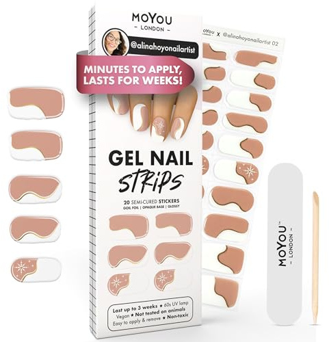 MOYOU LONDON Semi Cured Gel Nail Strips - 20 Pcs Long Lasting Nail Wraps | Cures in Sunlight or UV LED Lamp; Stretchable, Easy to Apply & Remove, Premium Long Lasting Vegan & Cruelty Free Stickers