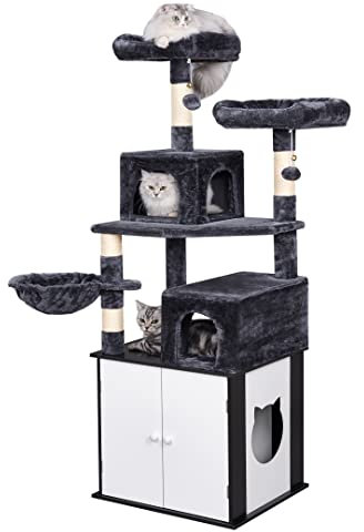 BEWISHOME Cat Tree with Litter Box Enclosure All-in-one Indoor Cat Hidden Litter Box Furniture Cat Tower with Large Cat Condo Modern Cat House with Scratching Posts MMJ81D