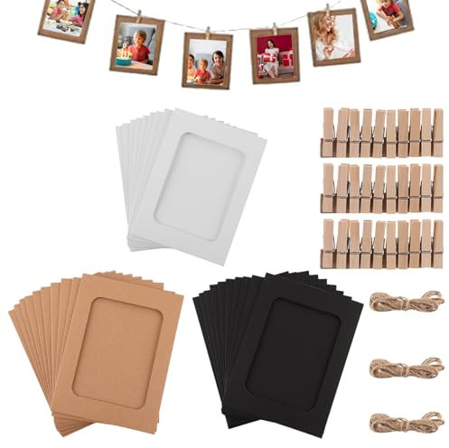 VIDETOL 90 Stück Fotorahmen Pappe, 11,5 x 15,4 cm Papier Bilderrahmen, 3 Farben Karton Bilderrahmen mit Clips und Hanfseil für Foto, DIY-Projekte, Partydekoration