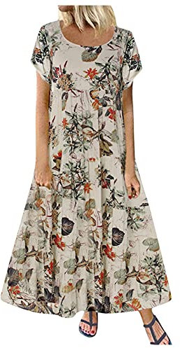 DAaomi Robes Longues Femme Ete en Coton Et Lin Manche Courtes Col Rond Maxi Robe Chic Et Elegant Casual Imprimé Fleuri Robe Ample Grande Taille Robes De Plage