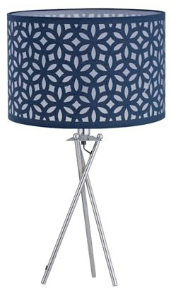 firstchoicelighting Polished Chrome Tripod Table Lamp or Bedside Light, Modern, Navy Blue Cut Out Shade, Height 52cm, LED Compatible