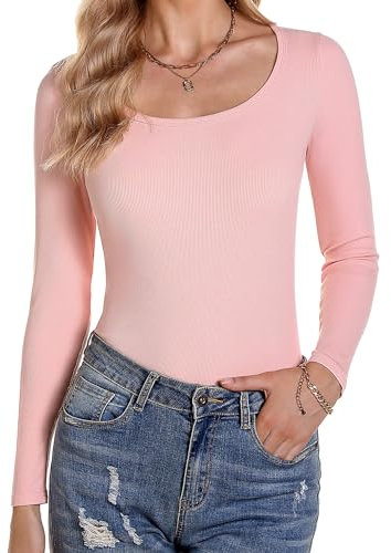 Aottori Maglietta Donna Girocollo Maglia Maniche Lunghe Tops Leggero Slim Aderente Maglie Elasticizzato per Primavera Autunno Rosa M