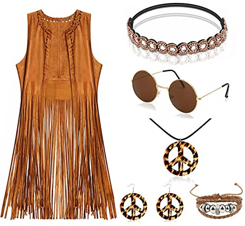 Beamely 6pcs Rosa Hippie-Kostüm Kleidungszubehör, 70er-Jahre-Hippie-Kostüm Set mit Fransenweste, 60er- und 70er-Jahre-Disko-Outfits für Männer und Frauen, Halloween, Karneval