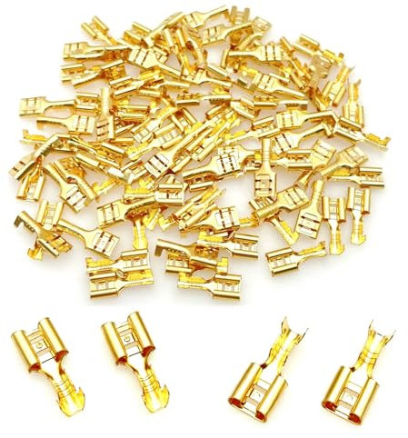 JZK 100 Stück 6,3 mm weibliche Spaten-Crimp-Kabelschuhe, Steckverbinder, Schnellspleiß-Draht-Crimp-Flachstecker