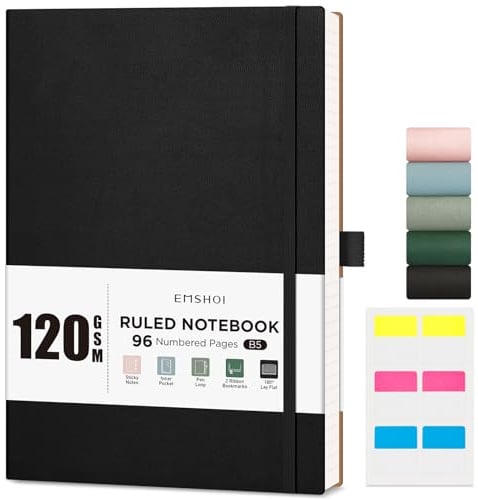 EMSHOI B5-Notizbuch, liniert, 120 g/m², liniertes Papier, 96 nummerierte Seiten, Softcover, College-Notizbücher mit gratis Haftnotizen für Damen, Herren, Büro, Schule, 19 x 25 cm, Schwarz