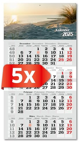 PRIMUS PRINT 4-Monats Einblockkalender 2025 - Wandkalender - Monatskalender mit Schieber - Blockkalender - inklusive Feiertagen - verschiedene Motive, verschiedene Sets - [ 5 x Strand ]