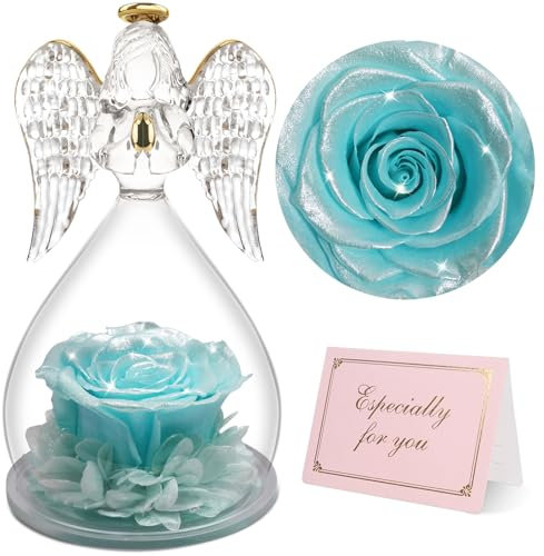 Yamonic Rose Eternelle et Ange Gardien en Verre - Cadeau pour Fete des Meres, Maman, Femme, Anniversaire, Mamie - Fleur Eternelle et Décoration