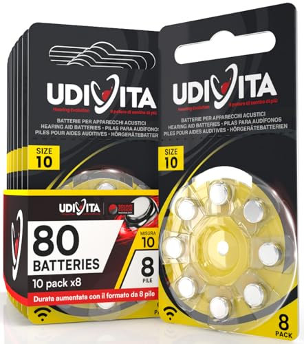 80 Hearing Aid Batteries Size 10 Udivita PR70 (Yellow) Phono Pulse Technology - 10 Blisters of 8 Batteries