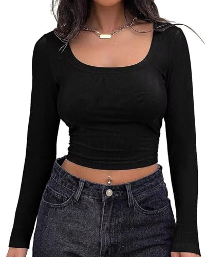 Runmeihe Solid Color Women's Long Sleeve Tops, Ribbed Knit Going Out Basic Tops, Fashion Sexy Tight T-Shirt (UK, Alpha, S, Regular, Regular, Square Neck-Black, Crop Top)