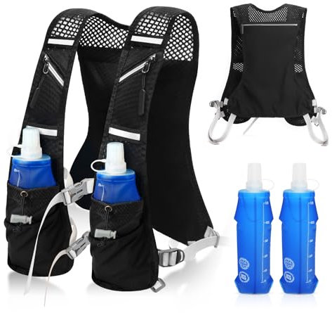 Zaino Trail Running per Uomo e Donna, Gilet Running Super Leggero con 2 Borraccia Morbida 500ml, Cinghie Pettorali Regolabili, Gilet da Corsa Riflettente Traspirante per Ciclismo Maratona Corsa