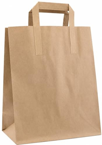 RFE Kraft SOS Brown Paper Carrier Bags with Handles -*CHOOSE YOUR SIZE AND QUANTIY*- For Lunch, Takeaway, Grocery and Party use - Heavy-Duty Paper Carrier Bags (10, Small - 7x3.5x8.5)