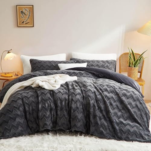 Lanqinglv Plüsch Bettwäsche 135x200 Grau Kunstfell Flauschig Winterbettwäsche Warme Kuschelig Flanell Fleece Wellenmuster Biber Bettbezug mit Reißverschluss und 1 Kissenbezug 80x80cm