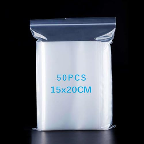 15x20cm Resealable Plastic Bags, 50 Strong Grip Seal Bags, Transparent Sealed Bag Thickening, Zip Lock Bag, Polythene Packaging for Kitchen Food Storage, Office Stationery, Snacks, Jewellery