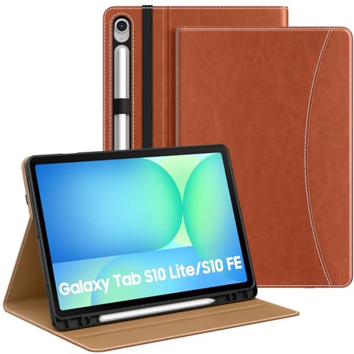 MoKo Cover per Samsug Galaxy Tab S10 Lite/S10 FE/S9 FE/S9 10.9/11 Pollici | Pelle PU Cover per Samsung Tablet (2025/2023), con Portapenna, Cinturino da Mano & Tasca Frontale, Marrone