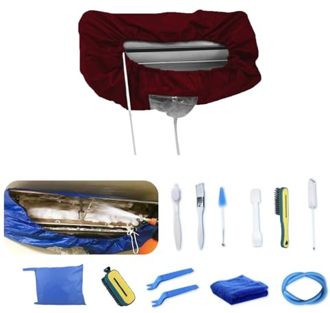 Kikepilm Kit de nettoyage en profondeur pour climatiseur, sac de nettoyage pour climatiseur avec tuyau d'eau (13 pièces, petit, rouge)