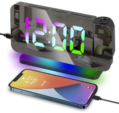 Mapille Réveil à Projection, Horloge Numérique avec Projecteur Rotatif à 180°, Affichage LED 11 Couleurs, 10 Veilleuse RVB, Luminosité Réglables, Volume Variable et Snooze, Réveil Miroir Chambre