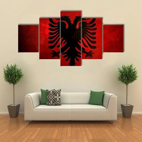 QYYAMDEQ Tableau Murale Decoration 5 Panneau Drapeau de l'Albanie Mural Art Peinture Photos Bureau À Domicile Bain Grand Tableau Decoration Poster Mural Xxl 200X100