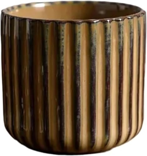 LILITURF Vintage Ceramic Mug, Japanese Tea Cup 6oz Striped Cup No Handle Drinking Cup for Latte Milk Water Beverage Juice Microwave and Dishwasher Safe, Kiln Transformation Cup (Brown)