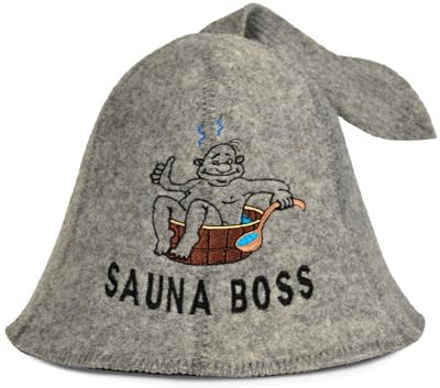 Saunahut für Damen und Herren aus Filz - Sauna Boss – Grau Saunahut für Herren und Damen aus 100 Prozent Natürlichem Wollfilz – Saunamütze mit Stickerei – Hitze-Schutz – Inkl. Sauna E-Book