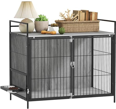 PawHut Dog Crate Furniture with 2 Rotatable Bowls, Dog Crate End Table with 2 Anti-Escape Doors, Storage Shelf, for Large Dogs, 100 x 60 x 88 cm, Grey