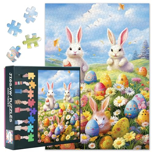Frohe Ostern Puzzles 1000 Teile Tiere, Kaninchen Puzzle Erwachsene, Eier im Gras Puzzles für Erwachsene, 70 x 50cm Puzzle Impossible Geschicklichkeitsspiel für die Ganze Familie