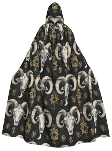 Wizard Cloak with Hood Men Women - Mystic Ram Skull Print Witch Hooded Vampire Cape, Halloween Costumes Black