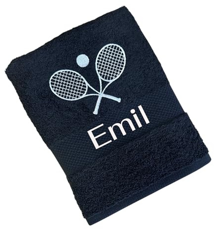 Arthi® Besticktes Handtuch mit Tennischläger & Deinem Wunschtext 100% Baumwolle 50x100cm / 100x150cm personalisierte Geschenkidee (Schwarz, 100x150)