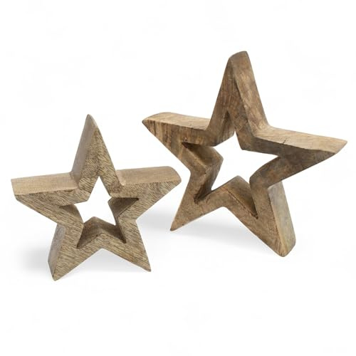Spetebo Mango Stern Aufsteller 2er Set Natur - 18/14 cm - Holz Weihnachtstern Dekofigur - Holzstern Silhouette zum Stellen Tisch Fenster Deko Figur für Weihnachten Advent Winter