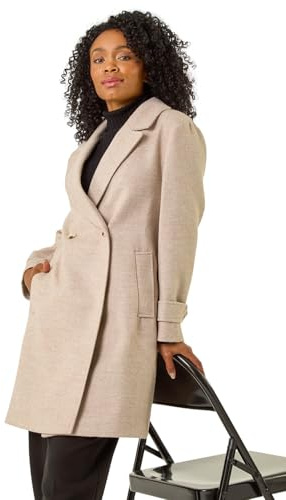 Roman Petite Double Breasted Tailored Coat for Women UK - Ladies Everyday Autumn Winter Revered Collar Comfy Soft Evening Vacation Work Party Night Out