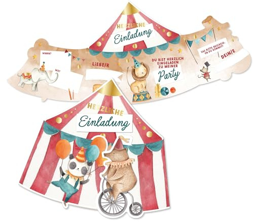 Papierdrachen 12 Einladungskarten Kindergeburtstag - Zirkuszelt -Motto-Party - 350g-Karton - Aquarell-Stil - Goldfolie - Mädchen - Junge
