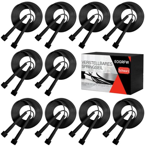 EOGRFW 10 Stück Verstellbare Springseil, PVC Rope Skipping Seil, Schwarz | Leicht, Seilspringen Mit Kunststoffgriffen, Springseil für Fitness and Training, 285 Cm