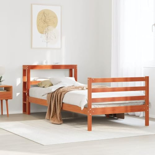 QJBSAVVA Massivholz Einzelbett 100x200 Kiefer Wachsbraun mit Lattenrost und Regalkopfteil 224,5x106x82 cm Modernes Design für Schlafzimmer Jugendzimmer