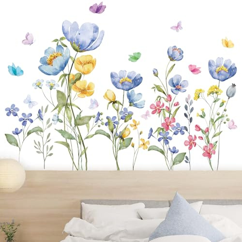 Flaxarne Stickers Muraux Fleurs et Papillons Colorés Stickers Fleurs Muraux Jardin et Herbe, Autocollant Mural Déco Chambre Enfant Fille Salon TV, Revêtements Décoratifs Amovibles