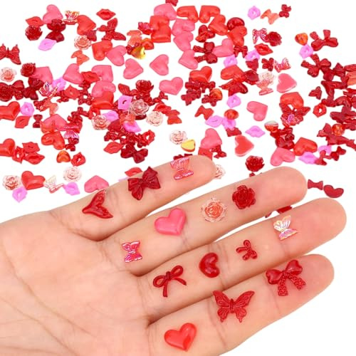 210pcs Mini Resin Valentine Figurines, Assorted Red Heart Roses Red Lips Statues Ornaments Tiny Resin Figurine Decor for Crafts Tree Home Party Wedding Anniversary Decorations