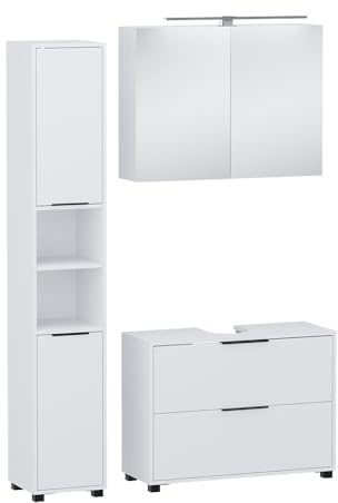 Vicco Badmöbel-Set Alina, Weiß, 80 cm, besteht aus Waschbeckenunterschrank, Spiegelschrank und Hochschrank