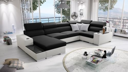 IM SOFA Ecksofa U-Form mit Schlaffunktion und Bettfunktion – große Wohnlandschaft PERS IV MINI (Schwarz Sawana + Weißes Kunstleder, Links)