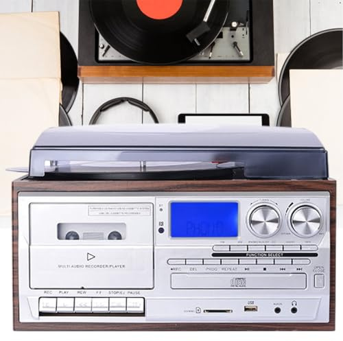 Tocadiscos 10 en 1 con tocadiscos de 3 velocidades, Bluetooth, radio AM/FM, reproductor de CD/cassette, entrada USB/SD/MMC y control remoto, plateado, 220 V