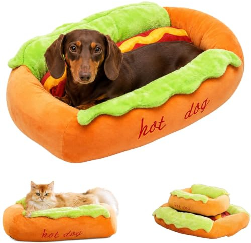 Pealeaf Hot Dog Hundebett für kleine Hunde und Katzen, niedliches Plüsch Haustierbett mit herausnehmbarem waschbarem Kissen, warmes Schlafnest für Dackel und Welpen (L)