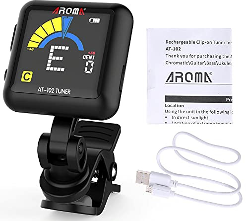 AFINADOR CROMATICO RECARGABLE USB DE PINZA CON PANTALLA COLOR PARA GUITARRA BAJO UKELELE VIOLIN AROMA AT-102 AUTOMATICO - ROCKMUSIC ESPAÑA