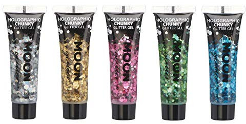 Gel chunky holographique paillettes pour le visage et le corps par Moon Glitter - 12ml - Assortiment de 5 couleurs - Pailleté pour visage.