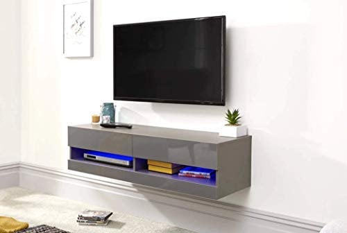 GFW Galicia Wall Mounted High Gloss Featuring A LED Downlight, This Floating TV Unit Console & Television Stand for Living Entertainment Room with Storage Shelves, Grey, 120cm