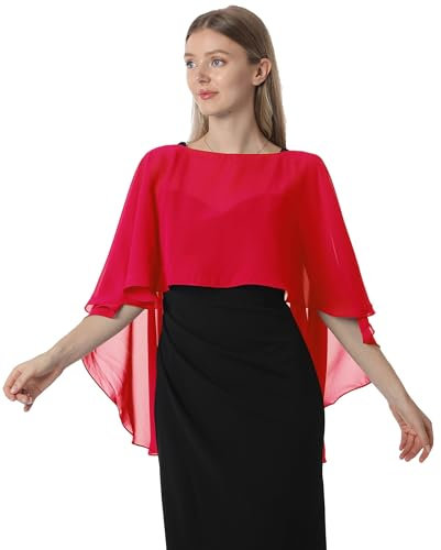 Hotshawl Capelets for women Chiffon Cape Shawls and Wraps for Evening Dress Wedding Capes Cover Up, Red, One Size