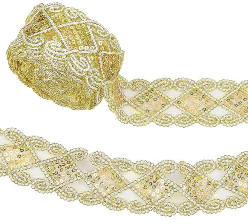PandaHall Elite 9.5m Spitzenband Pailletten Spitze Mesh Trim Nähen Bastelbedarf für Kleidung Kleid Dekorationen Hochzeit DIY Brautstrauß Verzierungen, Goldrute Trim