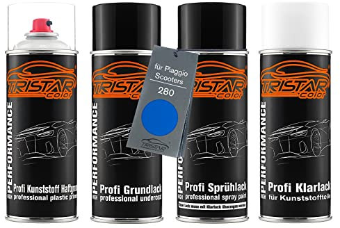 TRISTARcolor Vernice per moto Kit bombolette spray per plastica per Piaggio Scooters 280 Azzurro Siderale Perl base adesiva vernice di fondo, di base, trasparente con plastificante