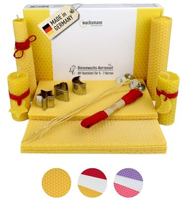 Wachsmann Bienenwachs-Kerzen selber Machen, 5-7 Stück - DIY Kerzen Bastel-Set - Kerzen basteln mit Bienenwachs-Platten aus Deutschland + Dochte, Deko-Band & Ausstechformen
