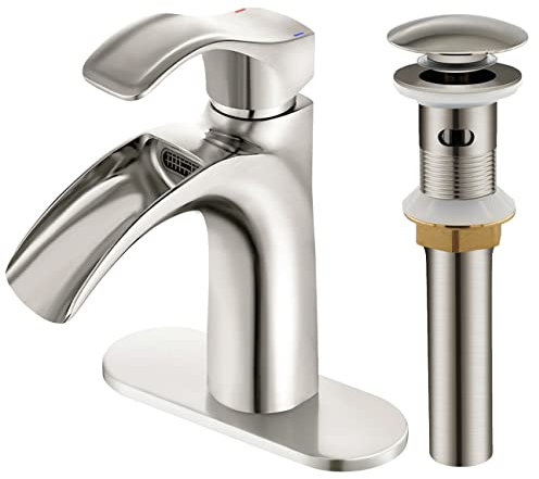 Yodel Faucet Gebürsteter Nickel Badezimmer Waschtisch Waschbecken Wasserfall Auslauf Einzelgriff für 1-Loch und 3-Loch-Installationen mit Pop-Up-Ablaufstopfen mit Überlauf