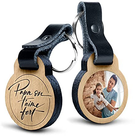 Porte-clé Personnalisable Papa avec photo en bois de chêne et cuir véritable - idée de cadeau personnalisé - message gravure 'Papa On T'aime Fort' (3,6 x 4,3 cm)