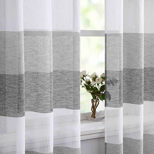 Vision Home Gestreifte transparente Vorhänge, grau und anthrazit, Bauernhaus-Fensterpaneele, 160 cm Länge, Leinen, rustikal, lichtfilternd, 101.6 cm Bx63 cm Lx2, Musterübereinstimmung