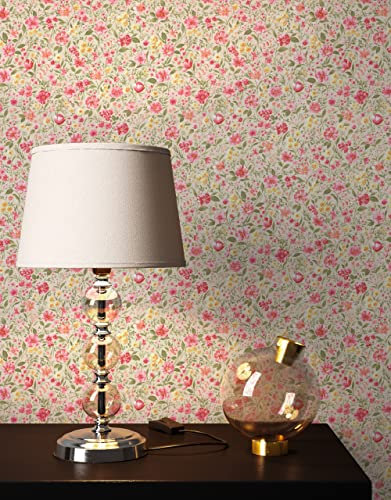 NEWROOM Papier peint Beige Fleur Intissé - Maison de Campagne Rose Vert Fleurs Prairie Romantique